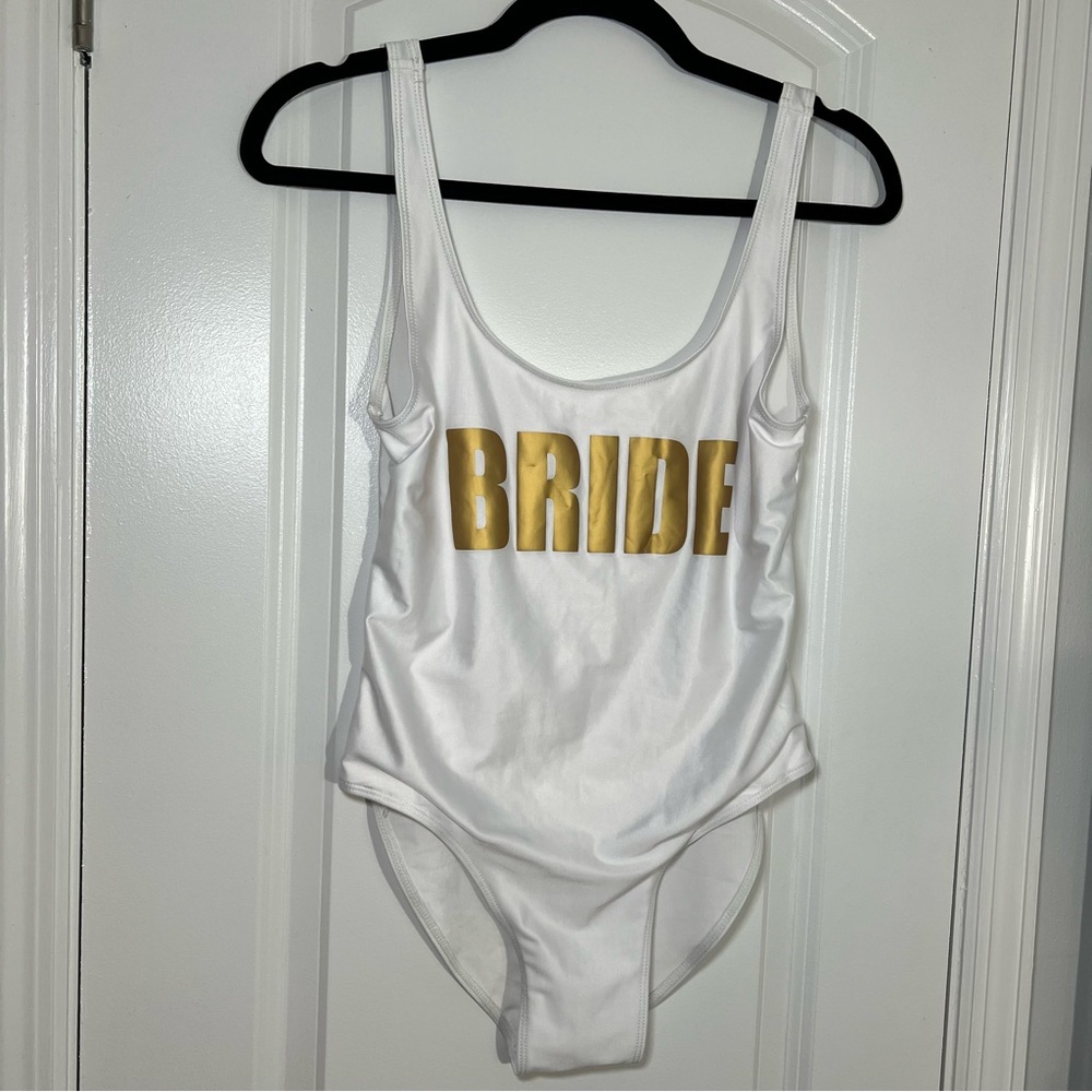 “Bride” White and Gold One Piece Swimsuit